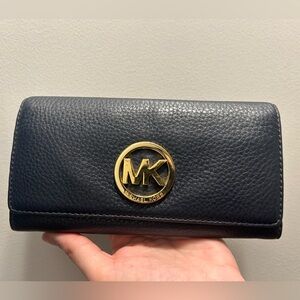 Michael Kors Navy Blue Pebbled Long Leather Wallet with Gold MK Emblem NWOT